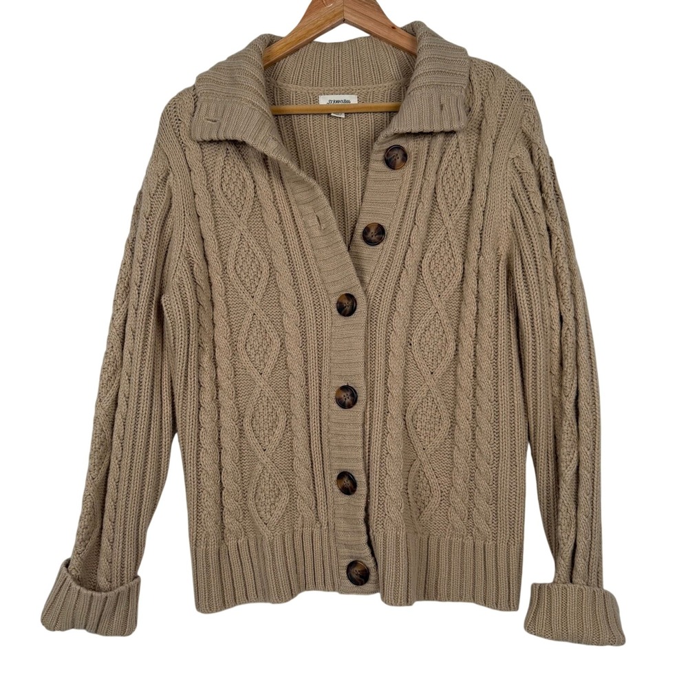 St‎ Johns Bay Cardigan Sweater Womens L Tan Cable Knit Mock Neck Button Front